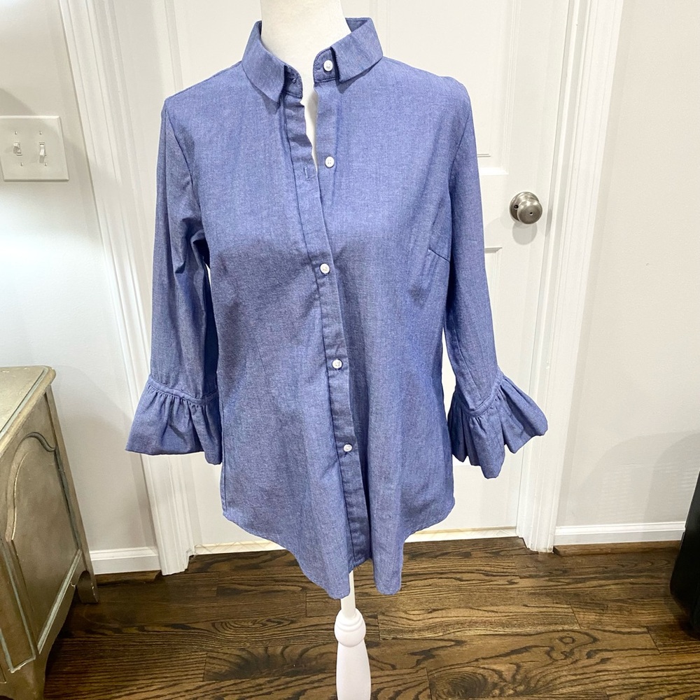 Gretchen Scott Blue Ruffle Sleeve Women's Top Size Small